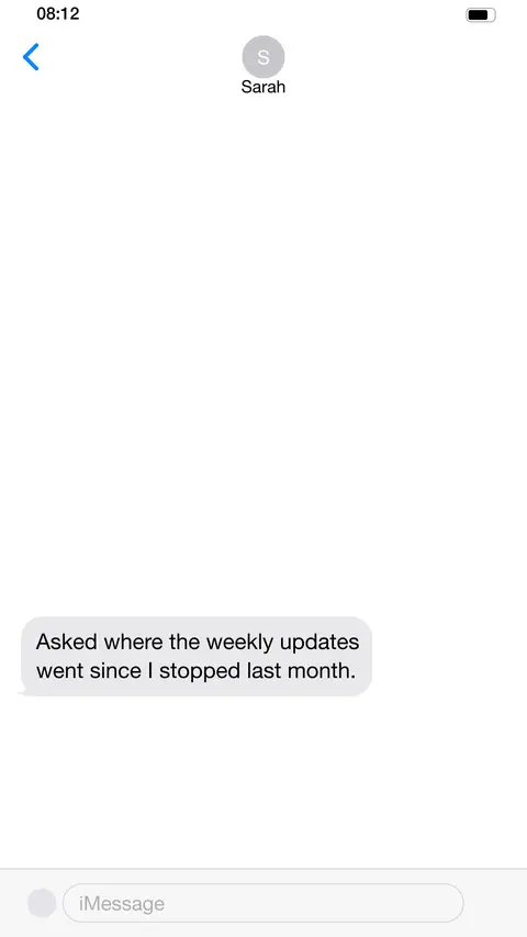 Frame 5 of six: somebody asks where the weekly updates went