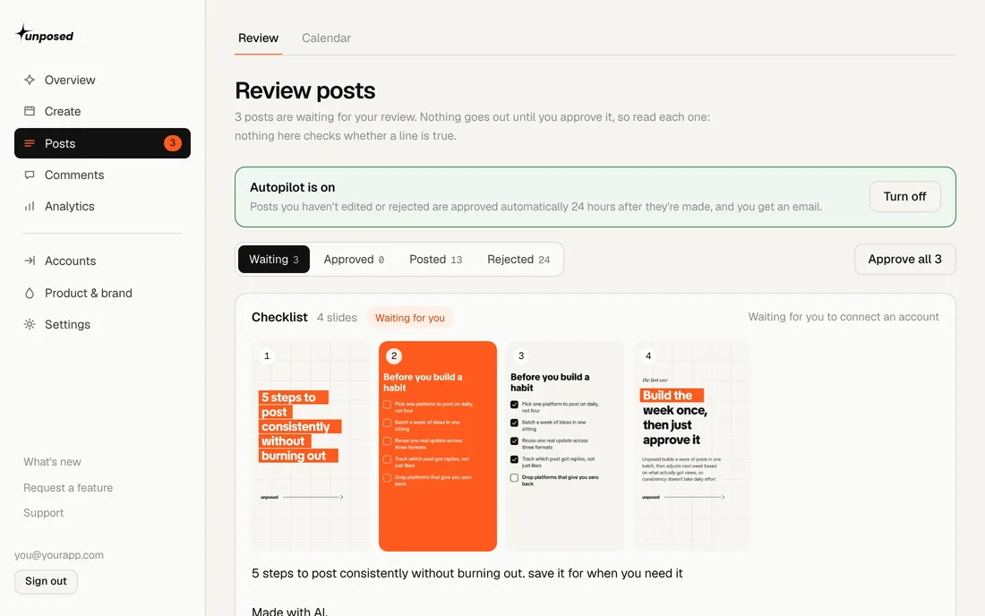 The review posts screen, with slideshows waiting to be approved